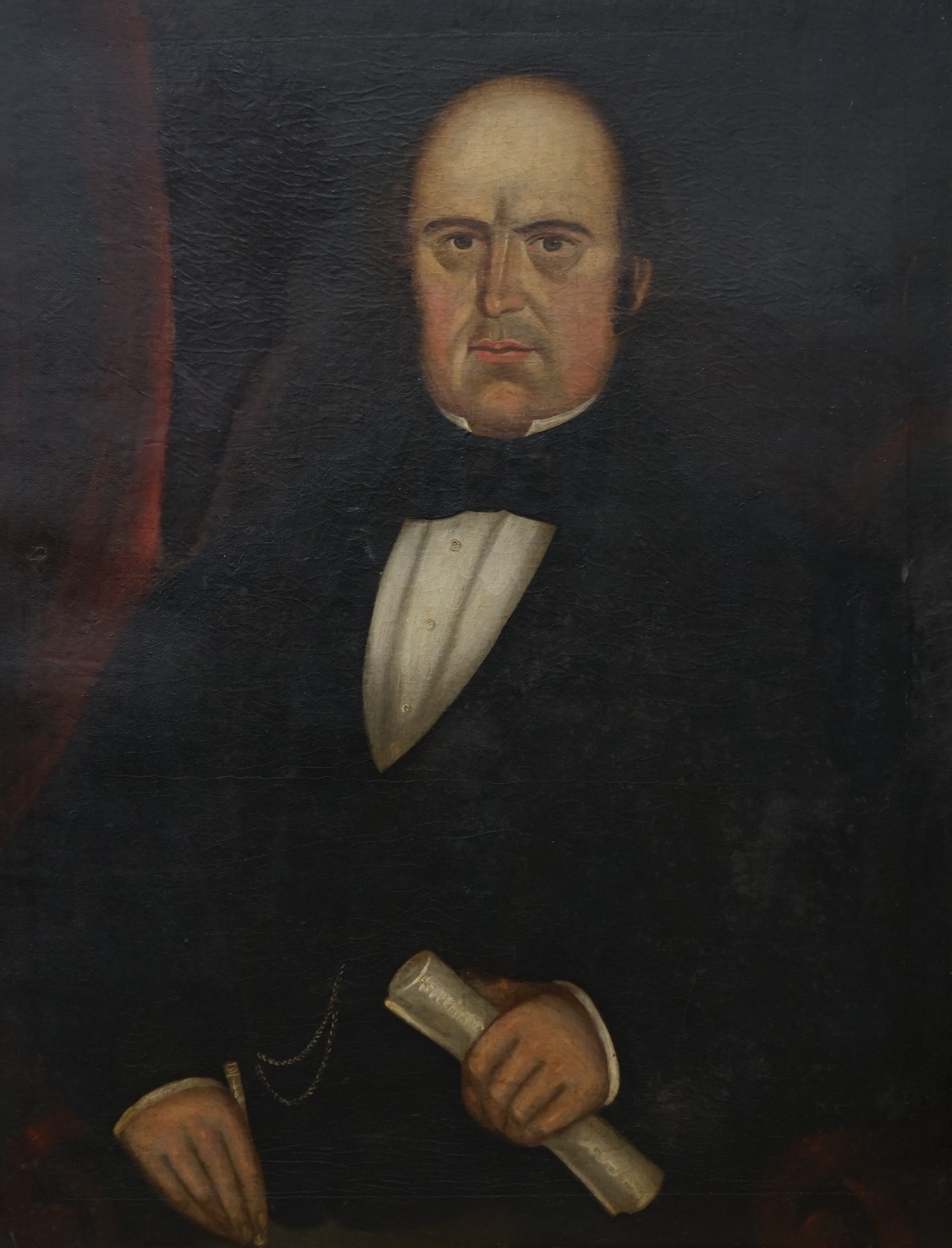 Mid 19th century English School oil on canvas, Portrait of a seated gentleman with writing equipment, 90 x 70cm. Condition - poor to fair